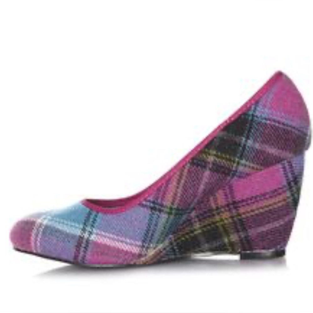 Ness of Scotland Size 10 Pink and Teal Blue Wool Tartan Wedges